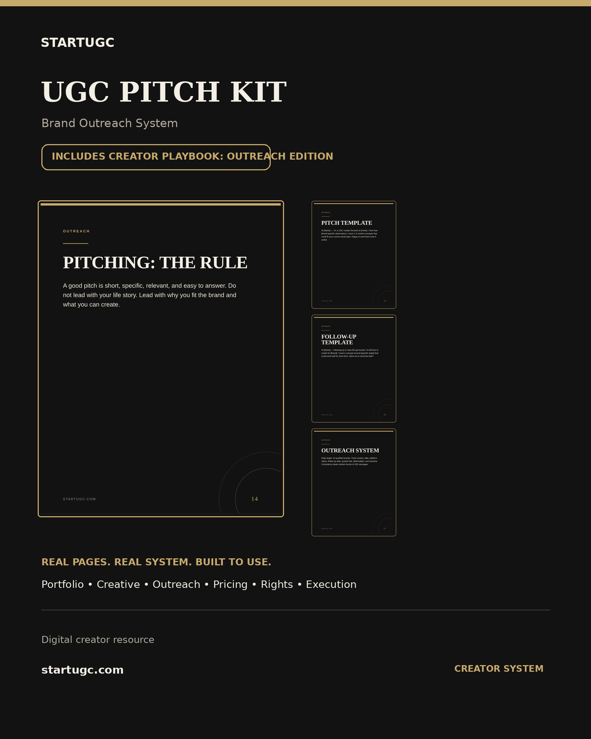 StartUGC Pitch Kit with real Creator Playbook outreach pages